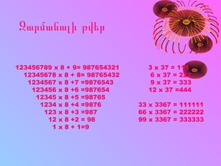 Զարմանալի թվեր
123456789 x 8 + 9= 987654321 3 x 37 = 111
12345678 x 8 + 8= 98765432 6 x 37 = 222
1234567 x 8 +7 =9876543 9 x 37 = 333
123456 x 8 +6 =987654 12 x 37 =444
12345 x 8 +5 =98765
1234 x 8 +4 =9876 33 x 3367 = 111111
123 x 8 +3 =987 66 x 3367 = 222222
12 x 8 +2 = 98 99 x 3367 = 333333
1 x 8 + 1=9
 