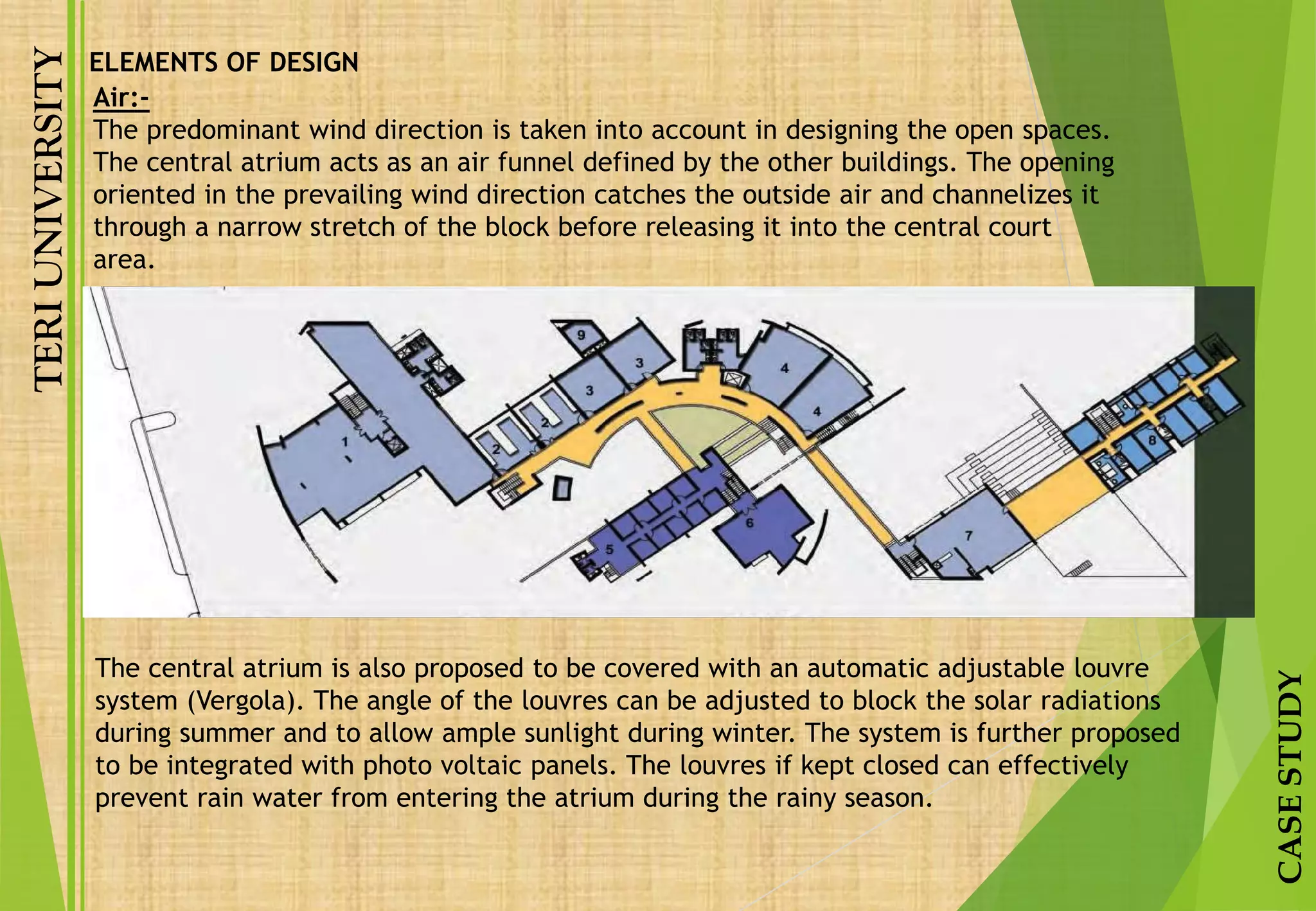 TERIUNIVERSITY
CASESTUDY
Air:-
The predominant wind direction is taken into account in designing the open spaces.
The central atrium acts as an air funnel defined by the other buildings. The opening
oriented in the prevailing wind direction catches the outside air and channelizes it
through a narrow stretch of the block before releasing it into the central court
area.
ELEMENTS OF DESIGN
The central atrium is also proposed to be covered with an automatic adjustable louvre
system (Vergola). The angle of the louvres can be adjusted to block the solar radiations
during summer and to allow ample sunlight during winter. The system is further proposed
to be integrated with photo voltaic panels. The louvres if kept closed can effectively
prevent rain water from entering the atrium during the rainy season.
 