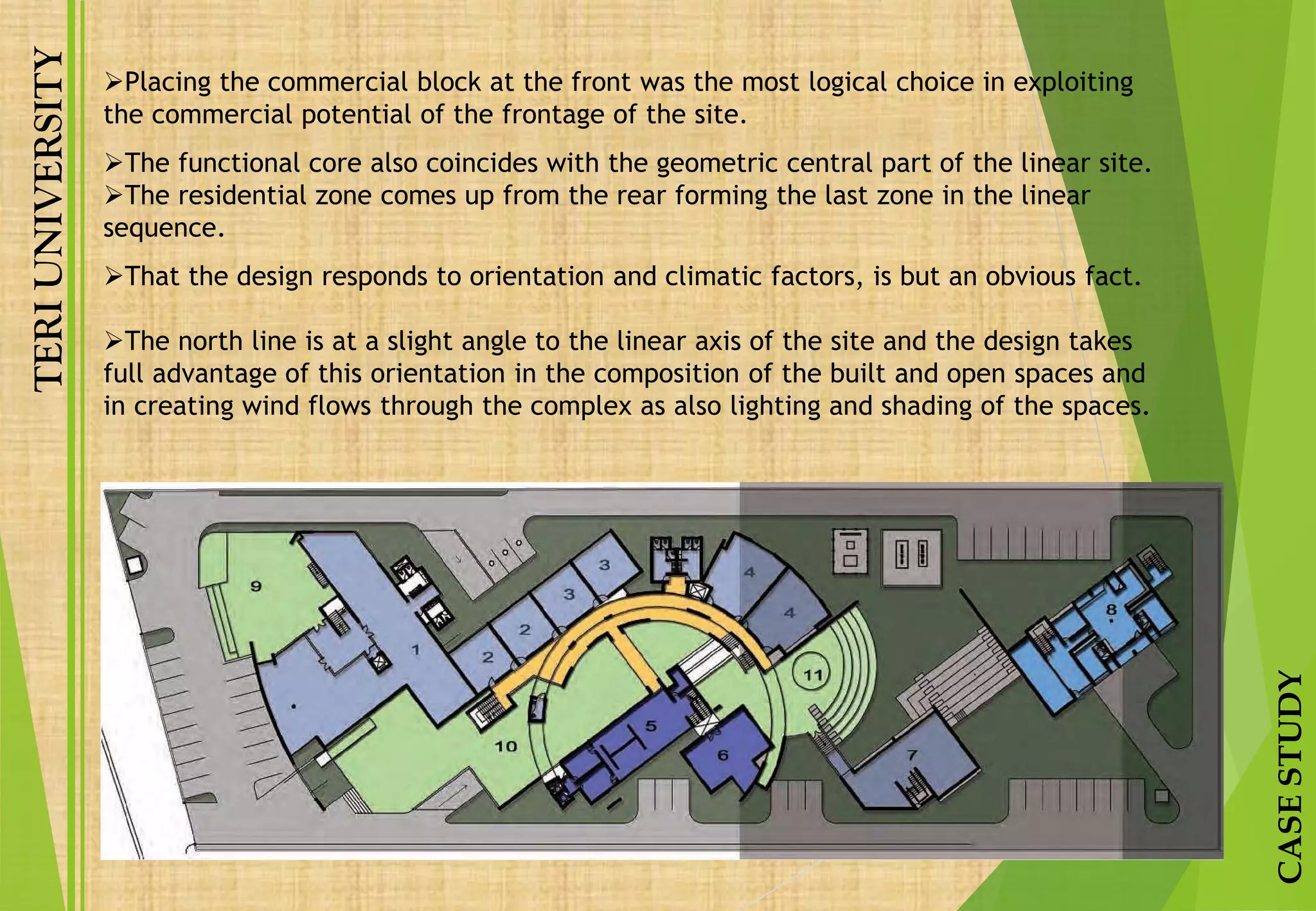 TERIUNIVERSITY
CASESTUDY
Placing the commercial block at the front was the most logical choice in exploiting
the commercial potential of the frontage of the site.
The functional core also coincides with the geometric central part of the linear site.
The residential zone comes up from the rear forming the last zone in the linear
sequence.
That the design responds to orientation and climatic factors, is but an obvious fact.
The north line is at a slight angle to the linear axis of the site and the design takes
full advantage of this orientation in the composition of the built and open spaces and
in creating wind flows through the complex as also lighting and shading of the spaces.
 