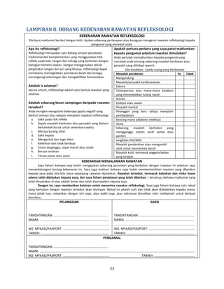 23
LAMPIRAN 8: BORANG KEBENARAN RAWATAN REFLEKSOLOGI
KEBENARAN RAWATAN REFLEKSOLOGI
Sila baca maklumat berikut dengan teliti. Ajukan sebarang pertanyaan atau keraguan mengenai rawatan refleksologi kepada
pengamal yang merawat anda.
Apa itu refleksologi?
Refleksologi merupakan satu bidang amalan perubatan
tradisional dan komplementari yang menggunakan titik
refleks pada kaki, tangan dan telinga yang berkaitan dengan
bahagian tertentu badan. Dengan menggunakan teknik
pergerakan tangan dan jari yang khusus, refleksologi dapat
membantu meningkatkan peredaran darah dan tenaga,
merangsang ketenangan dan mengaktifkan homeostasis.
Adakah is selamat?
Secara umum, refleksologi adalah satu bentuk rawatan yang
selamat.
Adakah sebarang kesan sampingan daripada rawatan
tersebut?
Anda mungkin mengalami beberapa gejala negatif yang
berikut semasa atau selepas menjalani rawatan refleksologi:
a. Sakit pada titik refleks
b. Gejala masalah kesihatan atau penyakit yang dialami
bertambah buruk untuk sementara waktu
c. Merasa kurang sihat
d. Sakit kepala
e. Mengantuk dan ingin tidur
f. Keletihan dan tidak berdaya
g. Emosi terganggu, cepat marah atau resah
h. Berasa tertekan
i. Terasa panas atau sejuk
Apakah perkara-perkara yang saya patut maklumkan
kepada pengamal sebelum rawatan dimulakan?
Anda perlulah memaklumkan kepada pengamal yang
merawat anda tentang sebarang masalah kesihatan atau
penyakit yang dihidapi seperti:
Sila tandakan  pada ruang yang berkenaan
Masalah perubatan Ya Tidak
Mengandung
Masalah/penyakit kardiovaskular
Edema
Osteoporosis atau mana-mana keadaan
yang menyebabkan tulang rapuh
Artritis
Epilepsi atau sawan
Penyakit mental
Pelanggan yang baru sahaja menjalani
pembedahan
Kencing manis (diabetes mellitus)
Asma
Sebarang masalah kesihatan yang
mengganggu sistem saraf sental atau
periferi
Jangkitan HIV/AIDS
Masalah pendarahan atau mengambil
ubat untuk mencairkan darah
Masalah kulit, termasuk anggota badan
yang terjejas
KEBENARAN MENJALANKAN RAWATAN
Saya faham bahawa saya boleh mengajukan sebarang persoalan yang berkaitan dengan rawatan ini sebelum saya
menandatangani borang kebenaran ini. Saya juga maklum bahawa saya boleh memberhentikan rawatan yang diberikan
kepada saya pada bila-bila masa sepanjang rawatan dijalankan. Rawatan tersebut, termasuk kebaikan dan risiko kesan
advers telah dijelaskan kepada saya, dan saya faham penjelasan yang telah diberkan. I bersetuju bahawa maklumat yang
telah dinyatakan di atas adalah benar dan telah disampaikan kepada saya.
Dengan ini, saya memberikan keizinan untuk menerima rawatan refleksologi. Saya juga faham bahawa satu rekod
yang berkaitan dengan rawatan tersebut akan disimpan. Rekod ini adalah sulit dan tidak akan didedahkan kepada mana-
mana pihak luar, melainkan dengan izin saya, atau wakil saya, atau sekiranya diarahkan oleh mahkamah untuk berbuat
demikian.
PELANGGAN
TANDATANGAN: ...........................................................
NAMA: ...........................................................................
........................................................................................
NO. MYKAD/PASPORT: ..................................................
TARIKH: .........................................................................
SAKSI
TANDATANGAN: ...........................................................
NAMA: ...........................................................................
........................................................................................
NO. MYKAD/PASPORT: ..................................................
TARIKH: .........................................................................
PENGAMAL
TANDATANGAN: ...........................................................
NAMA: ........................................................................................................................................................................
NO. MYKAD/PASPORT: .................................................. TARIKH: ............................................
 