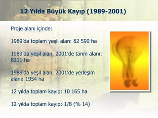 12 Yılda Büyük Kayıp (1989-2001)

Proje alanı içinde:

1989’da toplam yeşil alan: 82 590 ha

1989’da yeşil alan, 2001’de tarım alanı:
8211 ha

1989’da yeşil alan, 2001’de yerleşim
alanı: 1954 ha

12 yılda toplam kayıp: 10 165 ha

12 yılda toplam kayıp: 1/8 (% 14)
 