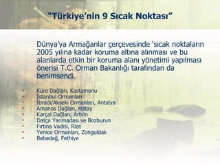 “Türkiye’nin 9 Sıcak Noktası”


    Dünya’ya Armağanlar çerçevesinde ‘sıcak noktaların
    2005 yılına kadar koruma altına alınması ve bu
    alanlarda etkin bir koruma alanı yönetimi yapılması
    önerisi T.C. Orman Bakanlığı tarafından da
    benimsendi.
   Küre Dağları, Kastamonu
   İstanbul Ormanları
   İbradı/Akseki Ormanları, Antalya
   Amanos Dağları, Hatay
   Karçal Dağları, Artvin
   Datça Yarımadası ve Bozburun
   Fırtına Vadisi, Rize
   Yenice Ormanları, Zonguldak
   Babadağ, Fethiye
 
