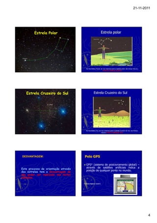 21-11-2011




         Estrela Polar                                            Estrela polar




                                         No Hemisfério Norte, se nos virarmos para a estrela polar, ela indicar-nos-á o
                                                                 PONTO CARDEAL NORTE




   Estrela Cruzeiro do Sul                          Estrela Cruzeiro do Sul


                   Crux




                                         No Hemisfério Sul, se nos virarmos para a estrela cruzeiro do Sul, ela indicar-
                                                               nos-á o PONTO CARDEAL SUL




DESVANTAGEM:                           Pelo GPS

                                      ► GPS*   (sistema de posicionamento global) –
Este processo de orientação através      através de satélites artificiais indica a
das estrelas tem a desvantagem de        posição de qualquer ponto no mundo.
não poder ser realizado nas noites
nubladas.

                                      *(Global Position Sistem)




                                                                                                                           4
 