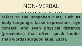 NON- VERBAL
COMMUNICATION
refers to the unspoken cues, such as
body language, facial expressions, eye
contact, and even physical distance
(proxemics) that often speak louder
than words (Burgoon et al. 2021).
 