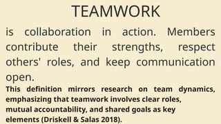 is collaboration in action. Members
contribute their strengths, respect
others' roles, and keep communication
open.
This definition mirrors research on team dynamics,
emphasizing that teamwork involves clear roles,
mutual accountability, and shared goals as key
elements (Driskell & Salas 2018).
TEAMWORK
 