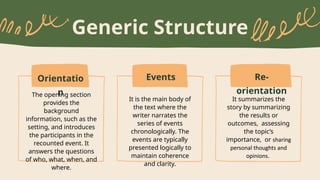 Generic Structure
The opening section
provides the
background
information, such as the
setting, and introduces
the participants in the
recounted event. It
answers the questions
of who, what, when, and
where.
It is the main body of
the text where the
writer narrates the
series of events
chronologically. The
events are typically
presented logically to
maintain coherence
and clarity.
It summarizes the
story by summarizing
the results or
outcomes, assessing
the topic’s
importance, or sharing
personal thoughts and
opinions.
Orientatio
n
Events Re-
orientation
 