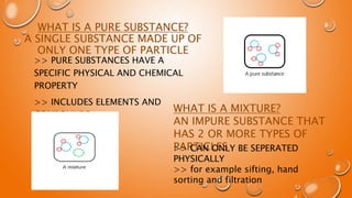 WHAT IS A PURE SUBSTANCE?
A SINGLE SUBSTANCE MADE UP OF
ONLY ONE TYPE OF PARTICLE
>> PURE SUBSTANCES HAVE A
SPECIFIC PHYSICAL AND CHEMICAL
PROPERTY
>> INCLUDES ELEMENTS AND
COMPOUNDS
WHAT IS A MIXTURE?
AN IMPURE SUBSTANCE THAT
HAS 2 OR MORE TYPES OF
PARTICLES
>> CAN ONLY BE SEPERATED
PHYSICALLY
>> for example sifting, hand
sorting and filtration
 