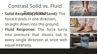 • Solid Response (Nails/Sand): The
force travels in one direction,
straight down into the ground.
• Fluid Response: The force turns
into pressure that shoots out in
every single direction at once with
equal intensity.
Contrast Solid vs. Fluid
Response
 