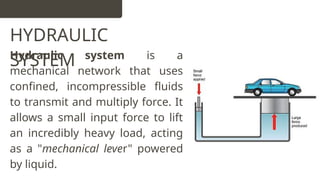 HYDRAULIC
SYSTEM
Hydraulic system is a
mechanical network that uses
confined, incompressible fluids
to transmit and multiply force. It
allows a small input force to lift
an incredibly heavy load, acting
as a "mechanical lever" powered
by liquid.
 