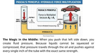 The Magic in the Middle: When you push that left side down, you
create fluid pressure. Because liquids cannot be squeezed or
compressed, that pressure travels through the oil and pushes against
every single inch of the tube with the exact same strength.
 