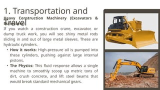 Heavy Construction Machinery (Excavators &
Bulldozers)
If you watch a construction crane, excavator, or
dump truck work, you will see shiny metal rods
sliding in and out of large metal sleeves. These are
hydraulic cylinders.
• How it works: High-pressure oil is pumped into
these cylinders, pushing against large internal
pistons.
• The Physics: This fluid response allows a single
machine to smoothly scoop up metric tons of
dirt, crush concrete, and lift steel beams that
would break standard mechanical gears.
1. Transportation and
Travel
 