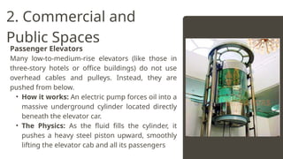 2. Commercial and
Public Spaces
Passenger Elevators
Many low-to-medium-rise elevators (like those in
three-story hotels or office buildings) do not use
overhead cables and pulleys. Instead, they are
pushed from below.
• How it works: An electric pump forces oil into a
massive underground cylinder located directly
beneath the elevator car.
• The Physics: As the fluid fills the cylinder, it
pushes a heavy steel piston upward, smoothly
lifting the elevator cab and all its passengers
 