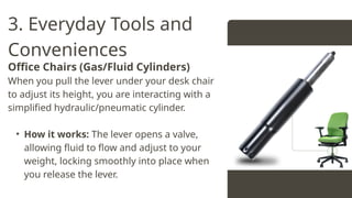 3. Everyday Tools and
Conveniences
Office Chairs (Gas/Fluid Cylinders)
When you pull the lever under your desk chair
to adjust its height, you are interacting with a
simplified hydraulic/pneumatic cylinder.
• How it works: The lever opens a valve,
allowing fluid to flow and adjust to your
weight, locking smoothly into place when
you release the lever.
 