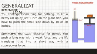 REMEMBER:
You don't get something for nothing. To lift a
heavy car up by just 1 inch on the giant side, you
have to push the small side down by 10 or 20
inches.
Summary: You swap distance for power. You
push a long way with a weak force, and the lift
translates that into a short way with a
superpower force.
GENERALIZAT
ION
 