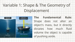 Variable 1: Shape & The Geometry of
Displacement
The Fundamental Rule:
Shape does not alter an
object's mass, but it directly
dictates how much fluid
volume the object is capable
of pushing aside.
 