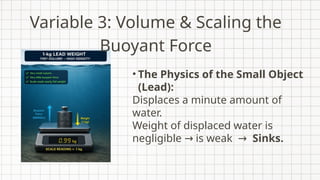 Variable 3: Volume & Scaling the
Buoyant Force
• The Physics of the Small Object
(Lead):
Displaces a minute amount of
water.
Weight of displaced water is
negligible → is weak → Sinks.
 