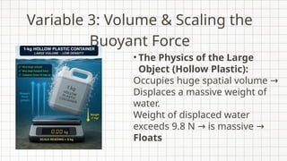Variable 3: Volume & Scaling the
Buoyant Force
• The Physics of the Large
Object (Hollow Plastic):
Occupies huge spatial volume →
Displaces a massive weight of
water.
Weight of displaced water
exceeds 9.8 N is massive
→ →
Floats
 