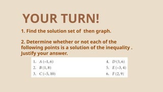 1. Find the solution set of then graph.
YOUR TURN!
2. Determine whether or not each of the
following points is a solution of the inequality .
Justify your answer.
 