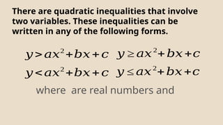 There are quadratic inequalities that involve
two variables. These inequalities can be
written in any of the following forms.
𝑦 >𝑎𝑥2
+𝑏𝑥+𝑐
𝑦 <𝑎𝑥2
+𝑏𝑥+𝑐
𝑦 ≥ 𝑎𝑥2
+𝑏𝑥+𝑐
𝑦 ≤ 𝑎𝑥2
+𝑏𝑥+𝑐
where are real numbers and
 