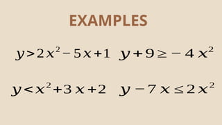 EXAMPLES
𝑦 >2𝑥2
− 5 𝑥+1
𝑦 <𝑥2
+3 𝑥 +2
𝑦 + 9 ≥ − 4 𝑥2
𝑦 −7 𝑥 ≤ 2 𝑥2
 