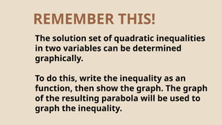 The solution set of quadratic inequalities
in two variables can be determined
graphically.
To do this, write the inequality as an
function, then show the graph. The graph
of the resulting parabola will be used to
graph the inequality.
REMEMBER THIS!
 