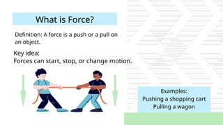 Examples:
Pushing a shopping cart
Pulling a wagon
Definition: A force is a push or a pull on
an object.
What is Force?
Key idea:
Forces can start, stop, or change motion.
 
