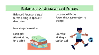 Unbalanced Forces
Forces that cause motion to
change
Balanced vs Unbalanced Forces
Balanced forces are equal
forces acting in opposite
directions
No change in motion
Example:
A book sitting
on a table
Example:
Kicking a
soccer ball
 