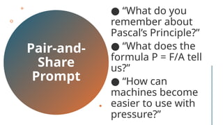 Pair-and-
Share
Prompt
“
● What do you
remember about
Pascal’s Principle?”
“
● What does the
formula P = F/A tell
us?”
“
● How can
machines become
easier to use with
pressure?”
 