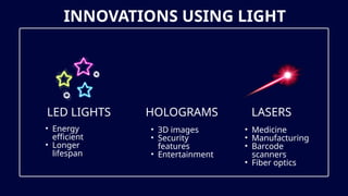 INNOVATIONS USING LIGHT
LED LIGHTS HOLOGRAMS LASERS
• Energy
efficient
• Longer
lifespan
• 3D images
• Security
features
• Entertainment
• Medicine
• Manufacturing
• Barcode
scanners
• Fiber optics
 