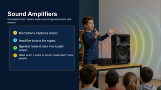 Sound Amplifiers
Innovation that makes weak sound signals louder and
clearer.
1 Microphone captures sound.
2 Amplifier boosts the signal.
3 Speaker turns it back into louder
sound.
✓ Used when a voice or sound must reach more
people.
 