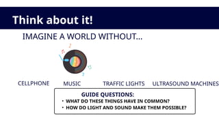 Think about it!
IMAGINE A WORLD WITHOUT...
GUIDE QUESTIONS:
• WHAT DO THESE THINGS HAVE IN COMMON?
• HOW DO LIGHT AND SOUND MAKE THEM POSSIBLE?
CELLPHONE MUSIC TRAFFIC LIGHTS ULTRASOUND MACHINES
 