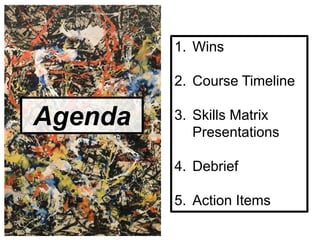 Agenda
1. Wins
2. Course Timeline
3. Skills Matrix
Presentations
4. Debrief
5. Action Items