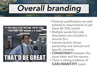 Overall branding
• Personal qualifications are well
tailored to requirements of job
(clear 60-70% match)
• Multiple words from job
description are included in
resume (5+)
• Interest section shows
personality and relevant and
specific interests
• CONSISTENCY between the
cover letter and the resume
• There is strong evidence of
CAN-WANT-FIT match
 