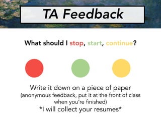 TA Feedback
What should I stop, start, continue?
Write it down on a piece of paper
(anonymous feedback, put it at the front of class
when you’re finished)
*I will collect your resumes*
 