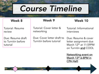 Course Timeline
Week 8
Tutorial: Resume
review
Due: Resume draft
to Turnitin before
tutorial
Week 9
Tutorial: Cover letter &
networking
Due: Cover letter draft to
Turnitin before tutorial
Week 10
Tutorial: Informational
interviews
Due: Resume & cover
letter assignment due
March 12th at 11:59PM
on Turnitin and COOL
Networking event on
March 13th 6-8PM in
CPA Hall!
 