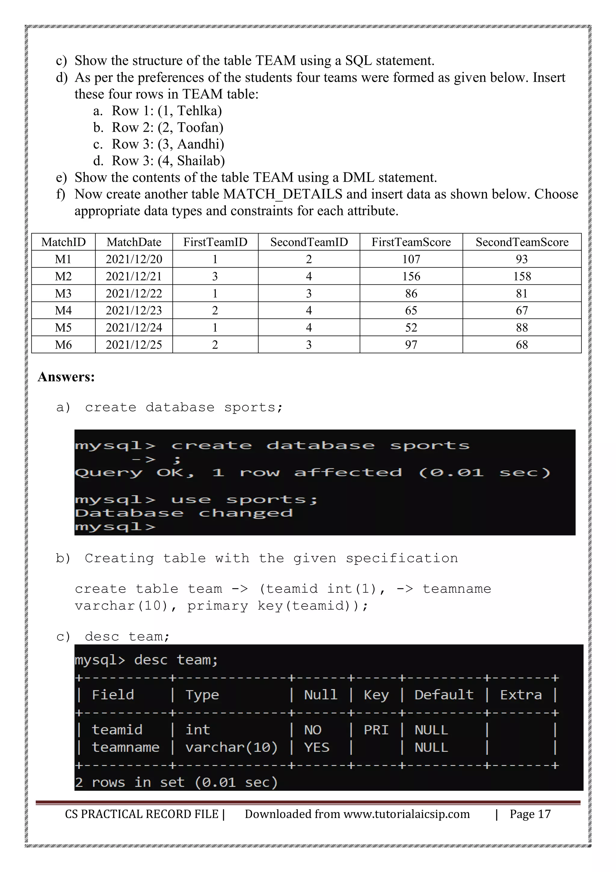 CS PRACTICAL RECORD FILE | Downloaded from www.tutorialaicsip.com | Page 17
c) Show the structure of the table TEAM using a SQL statement.
d) As per the preferences of the students four teams were formed as given below. Insert
these four rows in TEAM table:
a. Row 1: (1, Tehlka)
b. Row 2: (2, Toofan)
c. Row 3: (3, Aandhi)
d. Row 3: (4, Shailab)
e) Show the contents of the table TEAM using a DML statement.
f) Now create another table MATCH_DETAILS and insert data as shown below. Choose
appropriate data types and constraints for each attribute.
MatchID MatchDate FirstTeamID SecondTeamID FirstTeamScore SecondTeamScore
M1 2021/12/20 1 2 107 93
M2 2021/12/21 3 4 156 158
M3 2021/12/22 1 3 86 81
M4 2021/12/23 2 4 65 67
M5 2021/12/24 1 4 52 88
M6 2021/12/25 2 3 97 68
Answers:
a) create database sports;
b) Creating table with the given specification
create table team -> (teamid int(1), -> teamname
varchar(10), primary key(teamid));
c) desc team;
 