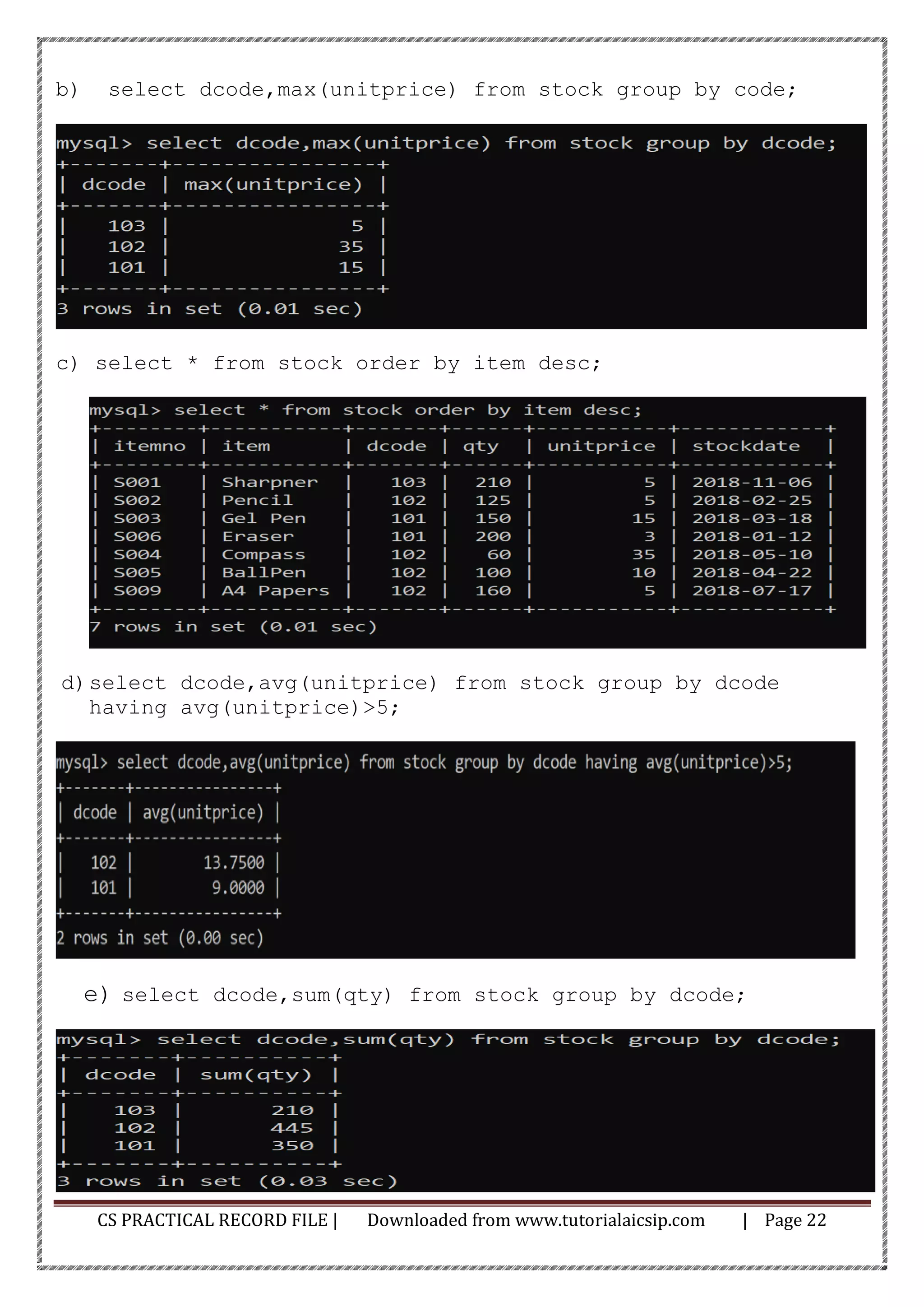 CS PRACTICAL RECORD FILE | Downloaded from www.tutorialaicsip.com | Page 22
b) select dcode,max(unitprice) from stock group by code;
c) select * from stock order by item desc;
d)select dcode,avg(unitprice) from stock group by dcode
having avg(unitprice)>5;
e) select dcode,sum(qty) from stock group by dcode;
 