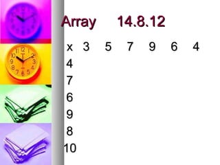 Array       14.8.12
 x 3    5    7   9    6   4
4
7
6
9
8
10
 