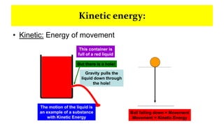 Kinetic energy:
• Kinetic: Energy of movement
Ball falling down = Movement
Movement = Kinetic Energy
Gravity pulls the
liquid down through
the hole!
This container is
full of a red liquid
But there is a hole!
The motion of the liquid is
an example of a substance
with Kinetic Energy
 