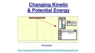 http://www.physicsclassroom.com/mmedia/energy/pe.cfm
Changing Kinetic
& Potential Energy
Pendulum
 