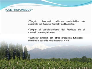 Seguir  buscando métodos sustentables de desarrollo del Turismo Termal y de Bienestar. Lograr el posicionamiento del Producto en el mercado interno y externo.  Generar sinergia con otros productos turísticos:  como es el caso de Ruta Nacional N°40. ¿QUÉ PROPONEMOS? 