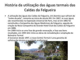 História da utilização das águas termais das Caldas da Felgueira A utilização das águas das Caldas da Felgueira, em doentes que sofriam de “males da pele”, remonta ao início do século XIX. Em 1867, as suas águas são reconhecidas na Exposição Universal de Paris, mas só em 1882 foi constituída a Companhia das Águas Medicinais da Felgueira, seguida da criação da Nova Companhia do Grande Hotel Club das Caldas da Felgueira em 1886.  Em 1989 inicia-se uma fase de grande renovação, e face aos bons resultados, em 1995 têm início as obras de remodelação e ampliação do Balneário Termal.  A funcionar desde 1997, o novo Centro Termal é uma garantia de sofisticação técnica e qualidade profissional. 
