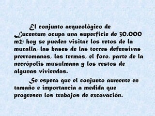 El conjunto arqueológico de
Lucentum ocupa una superficie de 30.000
m2; hoy se pueden visitar los retos de la
muralla, las bases de las torres defensivas
prerromanas, las termas, el foro, parte de la
necrópolis musulmana y los restos de
algunas viviendas.
Se espera que el conjunto aumente en
tamaño e importancia a medida que
progresen los trabajos de excavación.
 