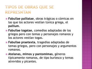  Fabullae palliatae, obras trágicas o cómicas en
las que los actores vestían túnica griega, el
pallium.
 Fabullae togatae, comedias adaptadas de los
griegos pero con temas y personajes romanos y
los actores vestían togas.
 Fabullae praetexta, tragedias adaptadas de
temas griegos, pero con personajes y argumentos
romanos.
 Atelanas, mimos y pantomimas, géneros
típicamente romanos, de tipo burlesco y temas
atrevidos y picantes.
 