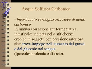 Acqua Solfurea Carbonica

- bicarbonato carbogassosa, ricca di acido
carbonico
Purgativa con azione antifermentativa
intestinale; indicata nella stitichezza
cronica in soggetti con pressione arteriosa
alta; trova impiego nell’aumento dei grassi
e del glucosio nel sangue
(ipercolesterolemia e diabete).
 
