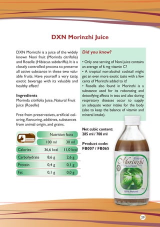 DXN Morinzhi is a juice of the widely
known Noni fruit (Morinda citrifolia)
and Roselle (Hibiscus sabdariffa).It is a
closely controlled process to preserve
all active substance in these two valu-
able fruits. Have yourself a very tasty,
exotic beverage with its valuable and
healthy effect!
Ingredients
Morinda citrifolia Juice, Natural Fruit
Juice (Roselle)
Free from preservatives, artificial col-
oring, flavouring, additives, substances
from animal origin, and grains.
Net cubic content:
285 ml / 700 ml
Product code:
FB007 / FB065
DXN Morinzhi Juice
Did you know?
• Only one serving of Noni juice contains
an average of 6 mg vitamin C?
• A tropical non-alcohol cocktail might
get an even more exotic taste with a few
cents of Morinzhi added to it?
• Rosella also found in Morinzhi is a
substance used for its roborating and
detoxifying affects in teas and also during
respiratory diseases occur to supply
an adequate water intake for the body
(also to keep the balance of vitamin and
mineral intake).
Nutrition facts
100 ml 30 ml
Calories 36,6 kcal 11,0 kcal
Carbohydrate 8,6 g 2,6 g
Protein 0,4 g 0,1 g
Fat 0,1 g 0,0 g
29
 