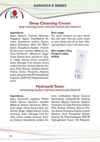 Ingredients
Aqua, Glycerin, Cococyl Glycinate,
Propylene Glycol, Cetyl/Stearyl Al-
cohol, Ganoderma lucidum Extract,
Glycol Distearate, Olive Oil PEG-7
Esters, Tocopherol Acetate (Vitamin
E), Vaccinium myrtillus (Bilberry) Ex-
tract, Saccharum officinarum (Sugar
Cane) Extract, Acer saccharum (Sug-
ar maple) Extract, Citrus aurantium
dulcis (Orange) Fruit Extract, Citrus
medica limonum (Lemon) Extract, So-
dium PCA, Betaine, Sorbitol, Alanine,
Proline, Serine, Threonine, Arginine,
Lysine,GlutamicAcid,Phenoxyethanol,
Fragrance (RS9175), Methylisothiazol-
inone
Best usage
Put some moisture on your hands,
face and neck. Then put some cream
on your hands and rub to foam. Mas-
sage the foam in your skin then rinse.
Net weight: 120 g
Product codes:
SC026
Deep Cleansing Cream
deep cleansing cream with fruit extract and vitamin E
Ingredients
Aqua, Hamamelis virginiana (Witch
Hazel) Extract, Vaccinium myrtillus
(Bilberry) Extract, Saccharum officin-
arum (Sugar Cane) Extract, Acer sac-
charum (Sugar maple) Extract, Citrus
aurantium dulcis (Orange) Fruit Ex-
tract, Citrus medica limonum (Lem-
on) Extract, Ganoderma lucidum Ex-
tract, 1,3-Butylene Glycol, Cetearyl
Isononaoate, Ceteareth-20, Cetearyl
Alcohol, Glyceryl Stearate, Glycerin
Ceteareth-12, Cetyl Palmitate, Sodium
PCA, Betaine, Sorbitol, Alanine, Pro-
line,Serine,Threonine,Arginine,Lysine,
Glutamic Acid, Tocopherol Acetate
(Vitamin E), Phenoxyethanol, PEG-40
Hydrogenated Castor Oil, Polysorb-
HydrasoftToner
moisturizing tonique with fruit extract and vitamin E
GANOZHI E SERIES
60
 