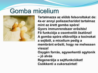 Gomba micelium 
Tartalmazza az elöbb felsoroltakat de: 
4x-er annyi poliszacharidot tartalmaz 
mint az érett gomba spóra! 
Gyors immunrendszer erősítés! 
Fő funkciója a csontvelőt ösztönzi! 
A gomba spóra eltávolítja a toxinokat 
a sejtből, a micelium pedig a 
membránt erősíti, hogy ne mehessen 
vissza! 
Oxygén forrás, agyserkentő agytonik 
– jó alvás 
Regenerálja a sejtfunkciókat! 
Csökkenti a cukorszíntet! 
 