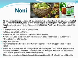 Noni 
 Fő hatóanyagainak az antrakinont, a proxeronint, a poliszacharidokat, az aminocukrokat 
és a vitaminokat tartják, ám a salaktalanítást segítő másodlagos hatóanyagok is erősen 
hozzájárulnak a növény teljes hatásának kifejtéséhez. Az elvégzett vizsgálatok szerint a 
noni: 
 Jótékonyan hat a vérnyomás szabályozására. 
 Hatékony a gyulladáscsökkentő. 
 Hatásosnak bizonyult különböző baktériumokkal szemben. 
 Növeli a szervezet szerotonin- és melatoninszintjét, ezzel szabályozza az alvásciklust, a 
hőmérsékletet és a hangulatot. 
 Segít a depresszión. 
 Fájdalomcsillapító hatása eléri a morfium erősségének 75%-át, a függővé válás veszélye 
nélkül. 
 Megerősíti az immunrendszert, (allergia kialakulás veszélyének csökkentése, gyógyulásának 
hatékony elősegítése), beleértve a falósejteket és a nyiroksejket (rákkialakulás veszélyének 
csökkentése, gyógyulásának hatékony elősegítése). 
 Elősegíti a betegségek leküzdésében döntő szerepet játszó ún. T-ölősejtek termelődését is. 
 