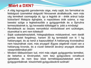Miért a DXN? 
- A világ legnagyobb ganodermás cége, mely saját, bio farmokkal és 
feldolgozó üzemekkel dolgozik! Nincsenek alvállalkozók, nem más 
cég termékeit csomagolja át, így a legjobb ár - érték arányt tudja 
biztosítani! Malajzia éghajlata, a napsütéses órák száma, a nap 
beesési szöge a legkedvezőbb a gyógygombák és a Spirulina 
termesztésének is, így kevesebb költséggel is jobb a mínőség! 
- Rendelkezik az összes nemzetközi minősítéssel ami szükséges, 
olyanokkal is ami nem kötelező! 
- Saját szabadalmaztatott, hidegsajtolásos módszerével, nem darált 
gomba testet forgalmaz, hanem 30 kg termésből von ki 1 kg 
hatóanyagot, és az kerül a kapszulákba! A hatóanyag kivonásához 
nem használnak vizet, más anyagot! /Egyes cégeknél vízzel van a 
hatóanyag kivonás, és a vízzel bekerült ásványi anyagok okoztak 
veseproblémákat pld!/ 
- Mindent többszörösen tud, mint más cégek gyógygomba termékei, 
de betartva a törvényeket, nem tesz gyógyulásra vonatkozó 
ígéreteket, és nem tesz közé terméktapasztalatokat amik a 
gyógygombáknak köszönhető gyógyulásokról szólnak! 
 